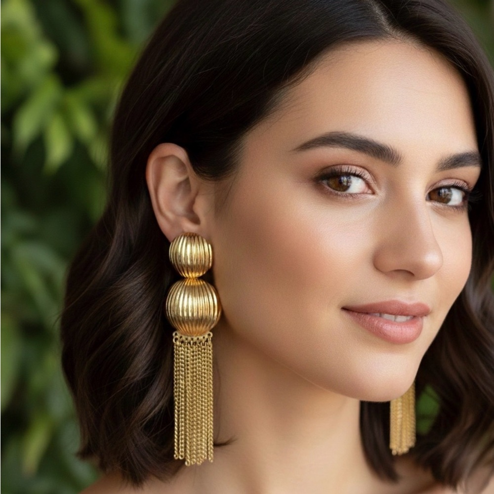 2/$30๐ต Gold Ribbed Circle Metal Long Tassel Chain Earrings Boho Jewelry Gift NEW